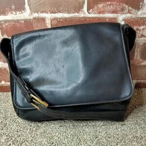 Ralph Lauren Black Leather Crossbody Flap Bag Gold Buckle Strap